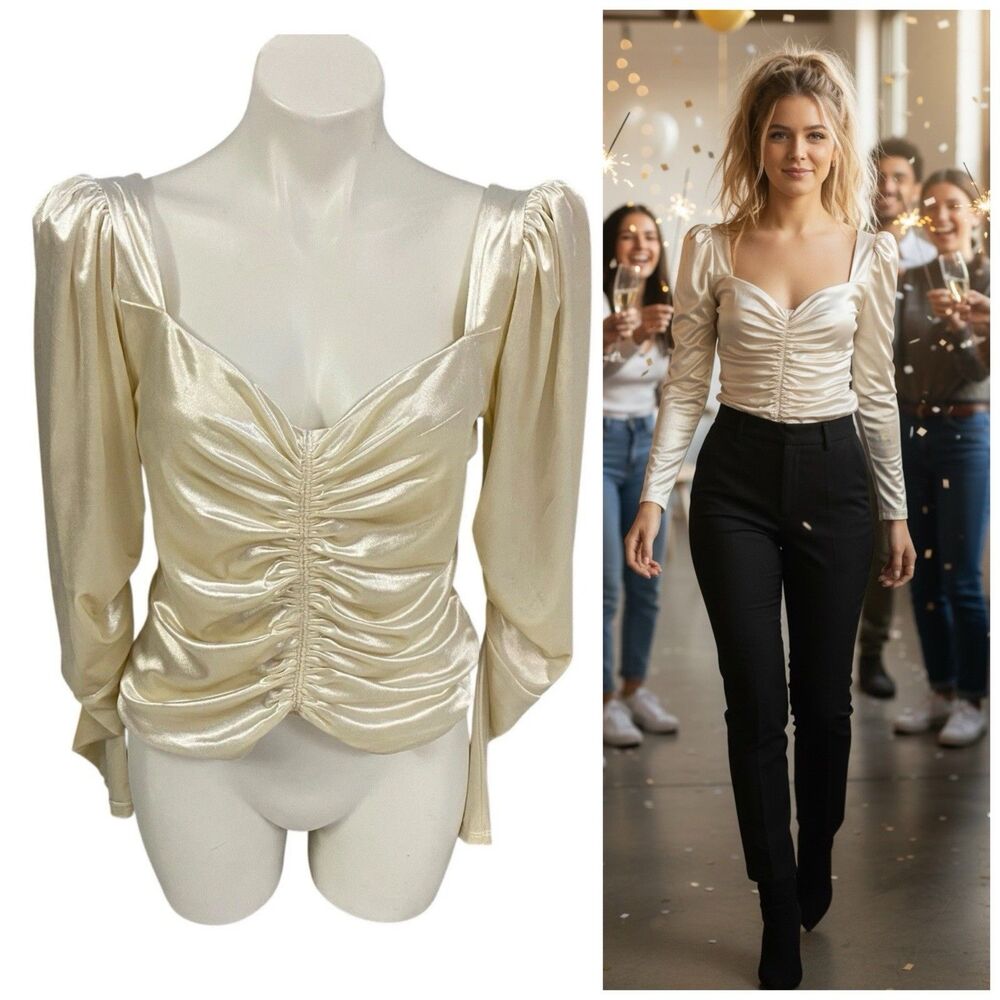Express Top Womens Medium Cream Velvet Ruched Long Sleeve Blouse Shirt Party